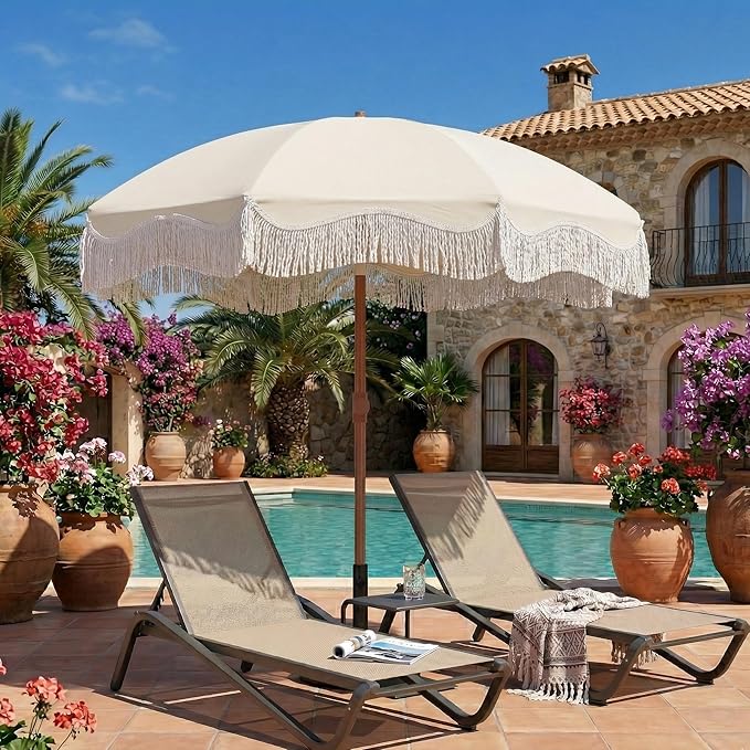 7ft Patio Umbrella with Fringe, Boho Beach Umbrellas, Outdoor Tassels Umbrellas with Push Button Tilt & Carrying Bag, 8 Windproof Fiberglass Ribs, UPF50+