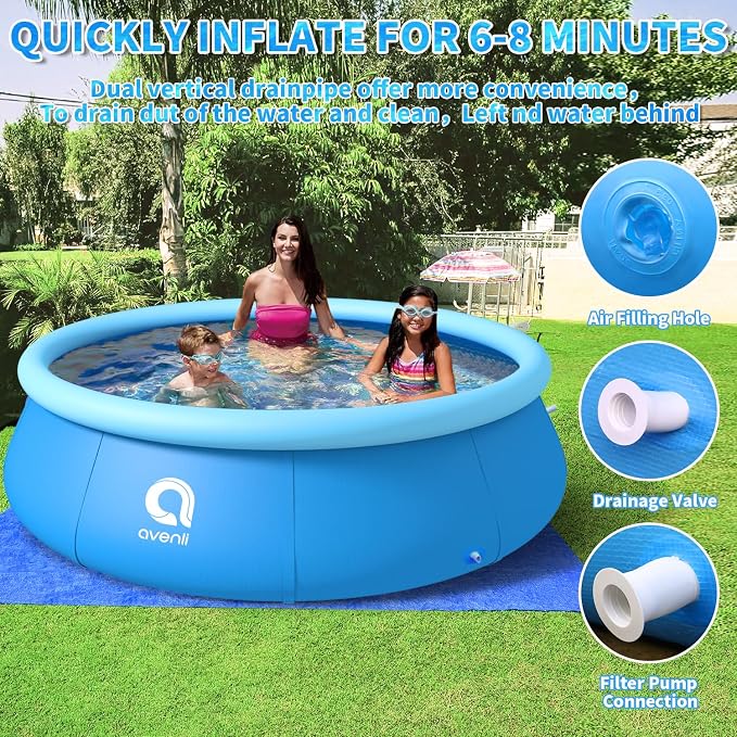 Inflatable Swimming Pool, Blow up Pool, Round Inflatable Pools Adult, Family Swimming Pool 8ft x 25in, Top Ring Summer Water Party Pools for Outdoor, Backyard
