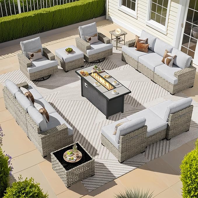 15-Piece Outdoor Sectional Sofa Set w/ 54" Fire Pit – L-Shaped Wicker Patio Furniture, Deep Seating & Swivel Rockers, Grey