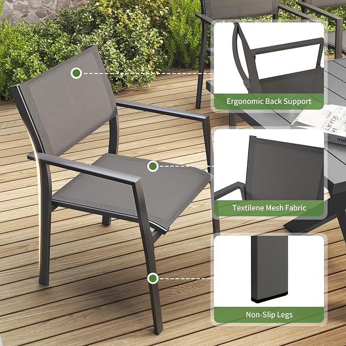 Outdoor Dining Set, 9 Piece Expandable Patio Dining Table and Textilene Chairs Set, Aluminum Patio Furniture Set for Table with Umbrella Hole and 8 Chairs for Patio, Garden, Lawn(Black)