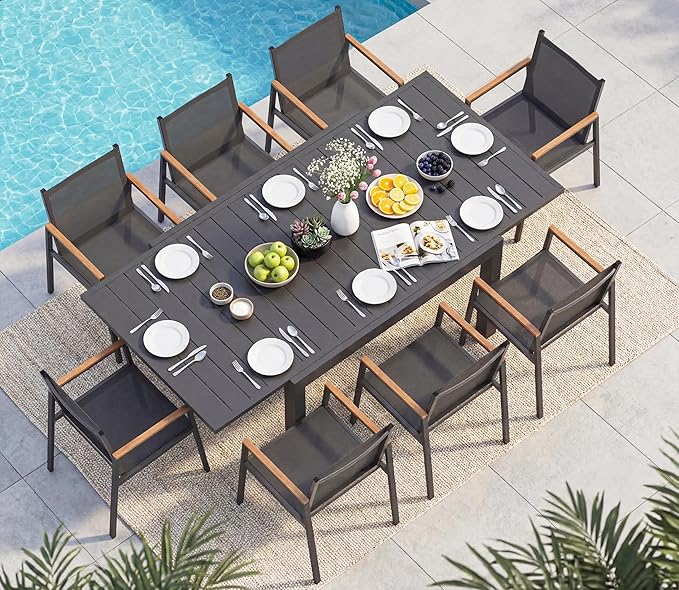 Outdoor Aluminum Patio Dining Table Set for 8 Person, Expandable Outdoor Table and 8 Chairs with Textilene Fabric & HDPS Armrest, All-Weather Patio Furniture Set for Yard, Deck, Gray