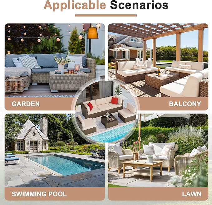 Shintenchi 6 Pieces Patio Furniture Sets Outdoor All-Weather Sectional Patio Sofa Set PE Rattan Manual Weaving Wicker Patio Conversation Set with Glass Table&Ottoman Cushion and Red Pillows, Beige