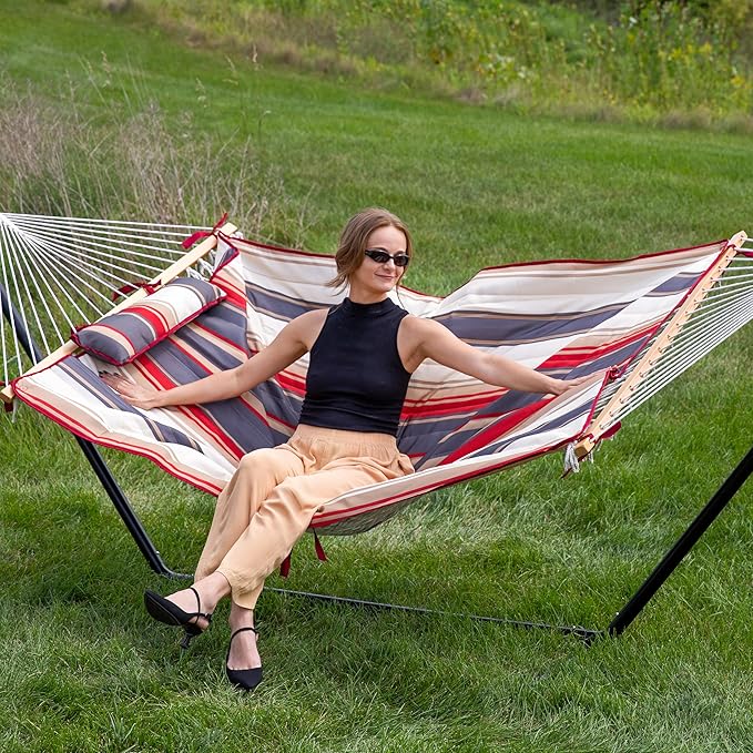 Sunnydaze Rope Hammock with Stand for Outside- 275-Pound Capacity - Includes 12-Foot Hammock Stand, Spreader Bar, Pad, and Pillow - Modern Lines
