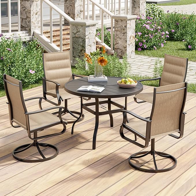 UDPATIO 5 Piece Outdoor Patio Table and Chairs Set, 39" Round Table with Umbrella Hole & 4 Outdoor Swivel Chairs, Patio Table with Chairs, Outdoor Patio Dining Set for Lawn, Deck, Yard