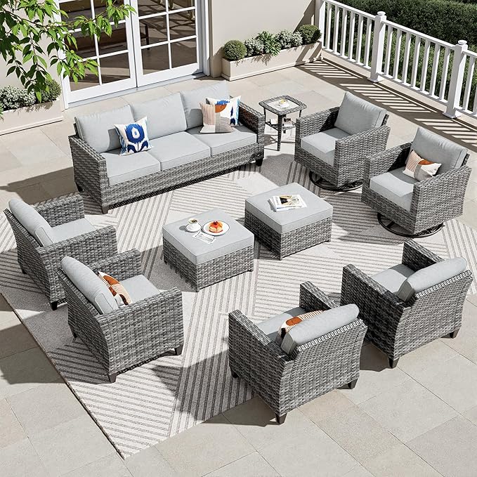 ovios 10 Pieces Patio Furniture Set, Outdoor Wicker Sofa Couch with Swivel Chairs, Rocking Glider Rocker with Comfy Cushions All Weather Rattan Conversation Set, Grey