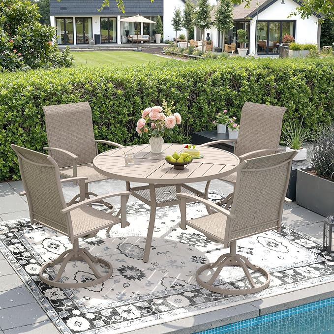 DIFY 5 Pieces Outdoor Dining Set, Metal Patio Table and Chairs Set for 4 with Umbrella Hole, 40.6" Round Outdoor Table and Textilene Swivel Patio Chairs for Garden, Backyard, Poolside, Sandshell