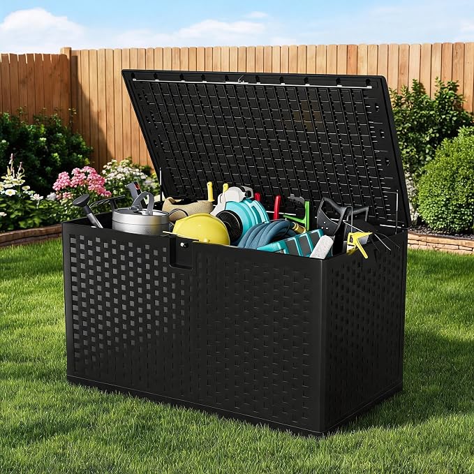 120 Gallon Outdoor Deck Box, Lockable Waterproof Outdoor Resin Box with Lid, Patio Storage Bin for Patio Furniture, Garden Tools, Pool Accessories - Black