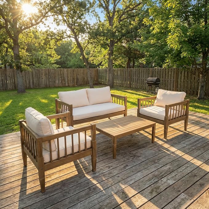 KLMM 4-Piece Patio Furniture Set,Outdoor Furniture with Coffee Table,Patio Conversation Set,Deep Seating with Thick Cushion,for Backyard Porch Balcony (Light Brown-PF)