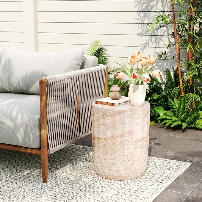 Outdoor Side Table Concrete Side Table Faux Marble End Table Stone Side Tables Patio Small Coffee Tables Travertine Garden Stool Plant Stand for Porch, Backyard Patio, Cylinder
