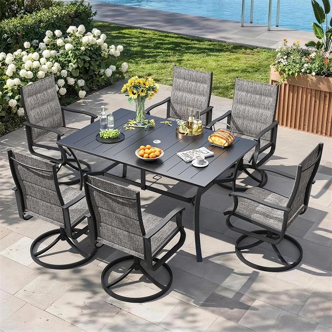 7 Pieces Patio Dining Set, Padded Patio Outdoor Furniture Set of 6 Patio Swivel Dining Chairs and Patio Spliced Rectangular Tabletop with Umbrella Hole, for Deck, Backyard, Poolside & Garden