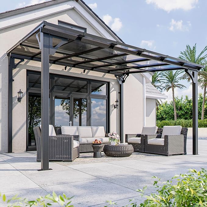 AirWire 10x12 FT Gazebo,Wall Mounted Gazebo Awnings with Polycarbonate Roof on Clearance, Patio Covers for Shade and Rain, Lean to Gazebo Hardtop Pergolas for Patios, Decks, Backyard