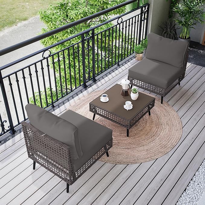 LAUSAINT HOME 3 Pieces Outdoor Sectional Sofa Set, All-Weather PE Wicker Rattan Patio Conversation Set with Thick Cushions & Coffee Table, Patio Furniture Set for Garden, Backyard, Porch (Grey)