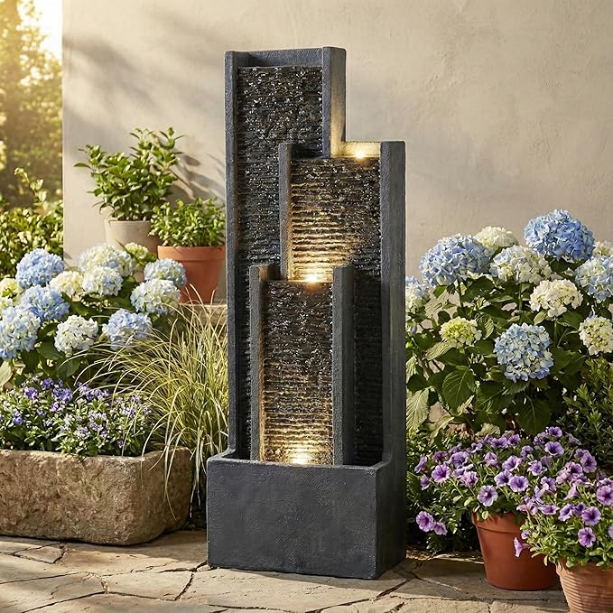 Outdoor Water Fountain, 40 Inch Modern Floor Standing Cascading Waterfall with Contemporary Curves, Freestanding Relaxing Water Fountain Outdoor Suitable for Porch, Office, Home Garden, Patio