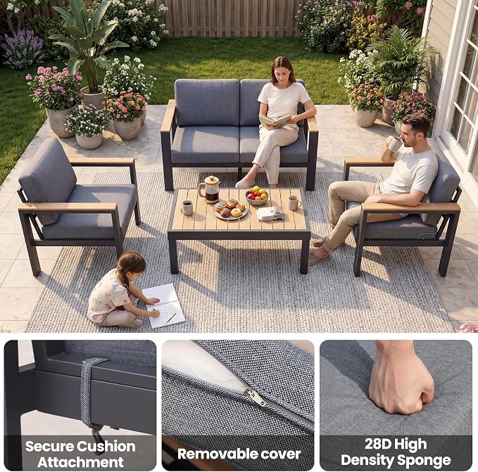 4-Piece 4-Seater Aluminum Patio Furniture Set,Outdoor Patio Table and Chairs Set with 2 Single Chairs+Loveseat+Coffee Table, 1.5mm Thick Rustproof Frame, Waterproof Washable Cushions for Porch Deck