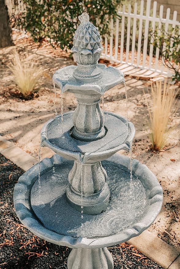 XBrand 51" 3-Tier Outdoor Freestanding Waterfall Fountain with Pump and Pineapple Finial, Gray