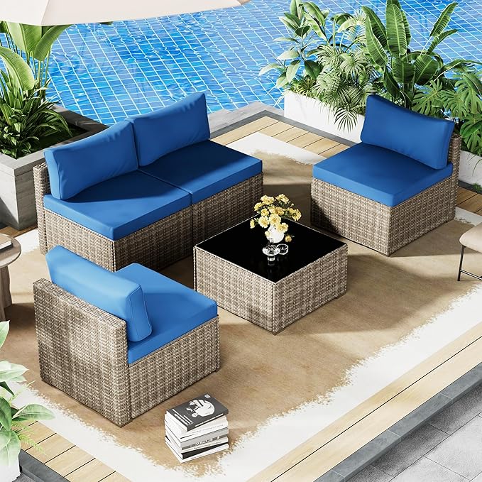 5 Piece Patio Furniture Set, Outdoor Wicker Patio Sofa Set, PE Rattan Sectional Couch with Glass Table and Blue Cushions, All-Weather 5 Piece Outdoor Patio Furniture Sets, Grey