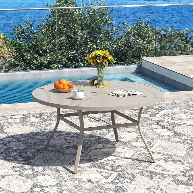 DIFY 7 Piece Outdoor Dining Set, Metal Patio Table and Chairs Set, 50" Round Dining Table & 6 Padded Textilene Swivel Patio Chairs, Outdoor Furniture Set for Garden Backyard Porch, Sandshell