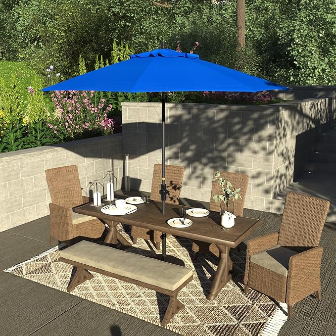 California Umbrella 9' Rd. Crank Lift, Collar Tilt, Aluminum Pole, Fiberglass Rib Patio Umbrella, Hammertone Grey Finish, Sunbrella Pacific Blue