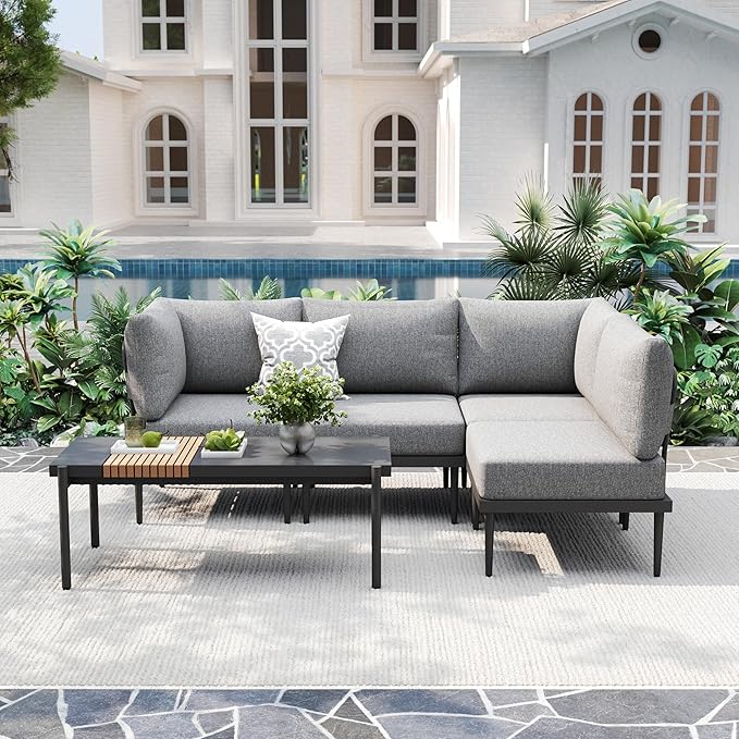 Metal Patio Furniture Set, 5 Pieces Outdoor Sectional Couch Sets with Coffee Table & Washable Thick Cushion, Modular Outdoor Corner Sofa Set for Deck, Patio & Courtyard (Gray)