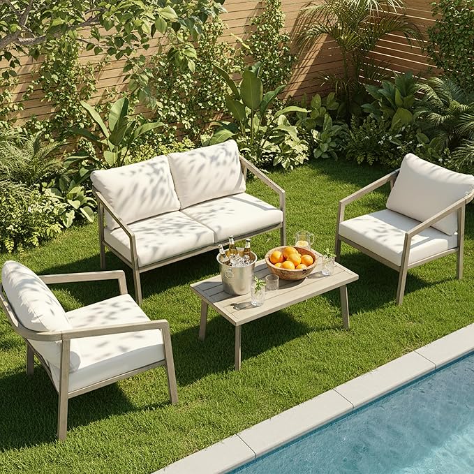 Patio Conversation Sets, 4 Piece Patio Furniture Sets with Loverseat、Armchair Sofa & Coffee Table, Aluminum Modern Outside Sectional Furniture for Garden, Backyard, Porch (Taupe)