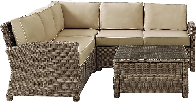 Crosley Furniture Bradenton 4-Piece Outdoor Sectional Sofa Wicker Conversation Patio Furniture Set for Deck, Brown with Sand Cushions