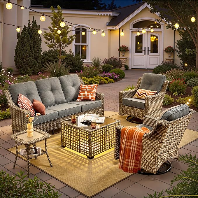 HOOOWOOO Patio Furniture Set,5 Pieces Wicker Outdoor Furniture,High Back Conversation Set with All Weather Resistant Solar Light Table Couch Swivel Chairs,Dark Gray