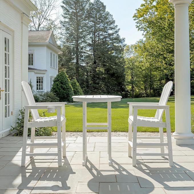 3-Piece White Counter Height Bar Dining Set with 1.96-inch Center Hole, 42.1" HDPE Indoor/Outdoor Round Bar Table with 2 Bar Stools, All-Weather Patio Bistro Set for Deck, Balcony, Poolside & Coastal
