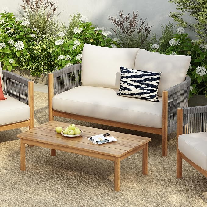 Merax 2 Pieces Outdoor Acacia Furniture Set, Woven Rope Outdoor Patio Loveseat with Cushions and Coffee Table, Patio Conversation Sets for Porch, Garden