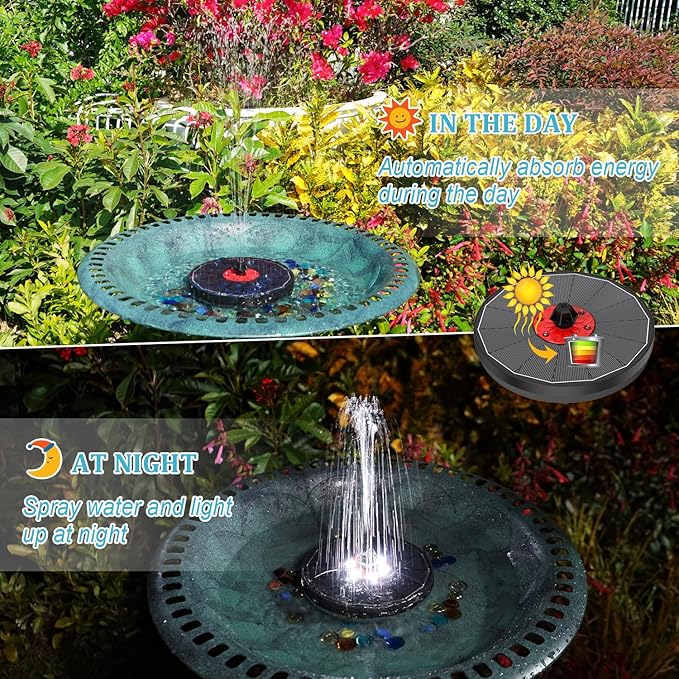 Solar Bird Bath Fountain,Upgrade 3.5W Glass Panel Solar Fountain with 2200mAh Backup Battery, White LED Lights, 8 Spray Modes, 4 Fixed Rods for Garden, Pond, Pool,Patio Outdoor Water Feature