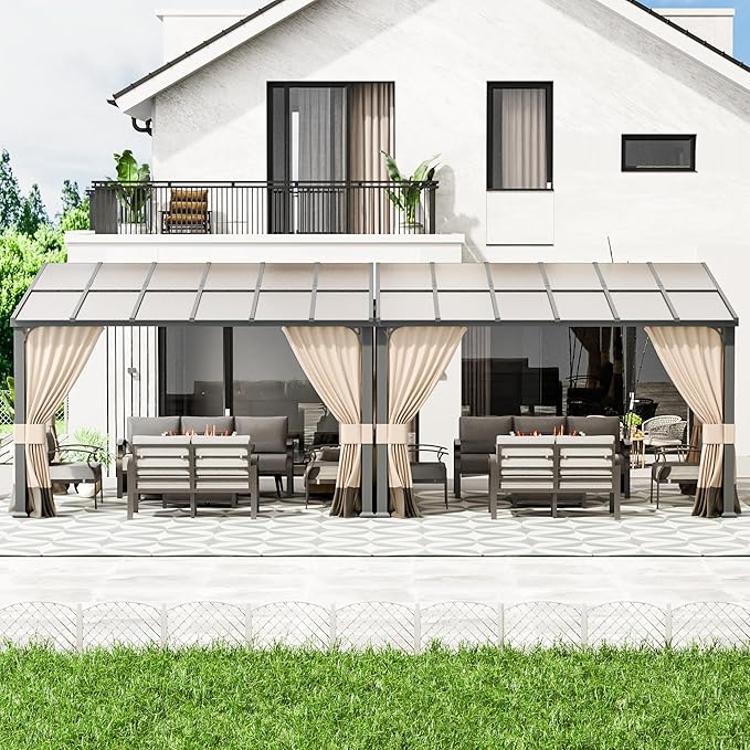 10' x 24' Lean to Gazebo,Large Wall Mount Heavy Duty Gazebos Pavilion,Outdoor Hardtop Pergola Shelter with Curtains and Netting,Sunshade for Patio Garden Lawn Backyard Deck,Brown