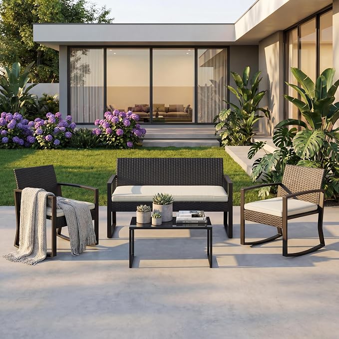 Garvee 4 Piece Patio Furniture Set, PE Rattan Outdoor Rocking Chair Conversation Set with Coffee Table, Outdoor Wicker Patio Table and Chairs Set for Patio, Porch, Backyard, Beige