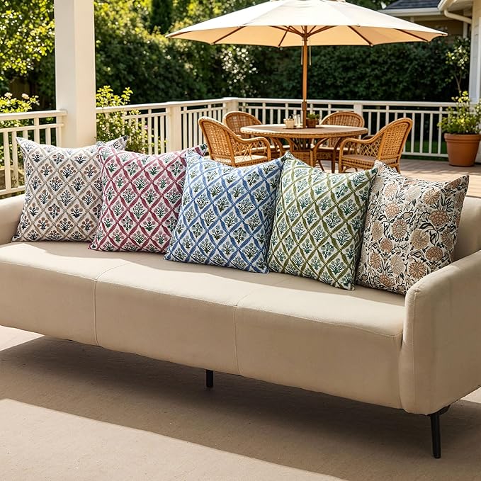 Allorry Floral Outdoor Pillow Covers 18x18 Blue Outdoor Waterproof Decor | Set of 2 Vintage Floral Block Print Pillow Cover,Farmhouse Boho Decorative for Spring Summer Outdoor Sofa Bedroom Decor