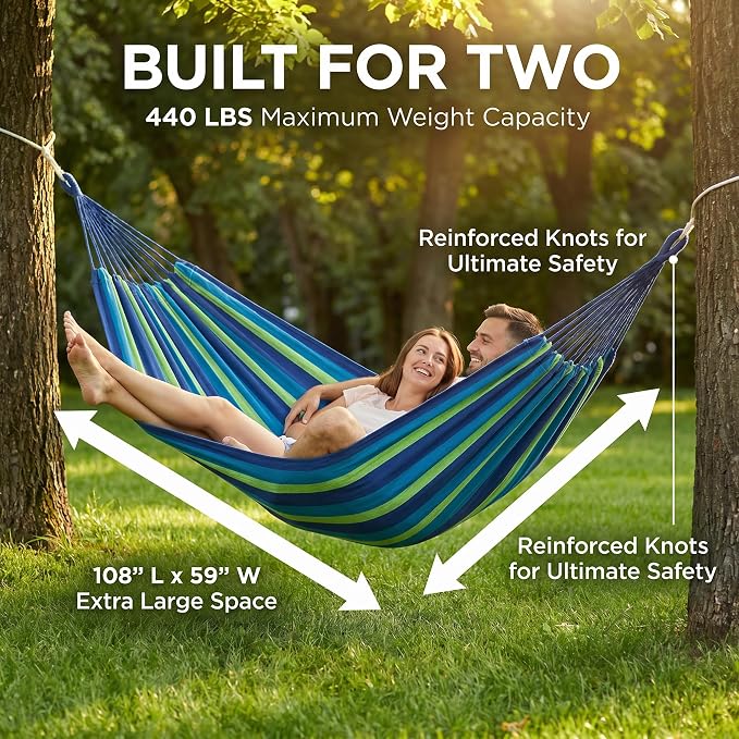 Canvas Hammock 122" Long X 59" Wide 2 Person Hammock 440 pounds Maximum Weight Applicable Scenes in Courtyard Autumn, Indoor Hanging Chairs, Beach Leisure (Blue Green, Full)