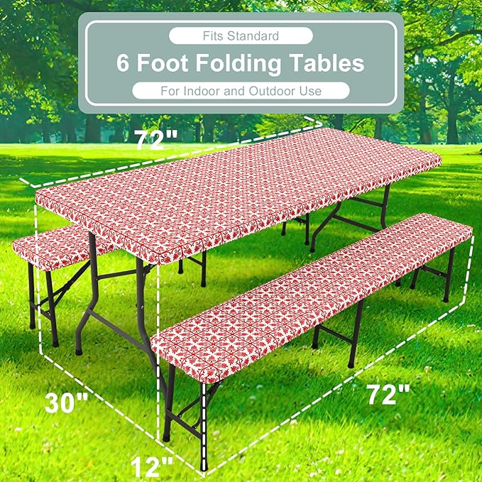 misaya Picnic Table Cover with Bench Cover, Waterproof Elastic Fitted Tablecloth for 6 Foot Tables, Rectangle Washable Polyester Tablecloths for Picnic, Camping, Outdoor (Red, 30" x 72")