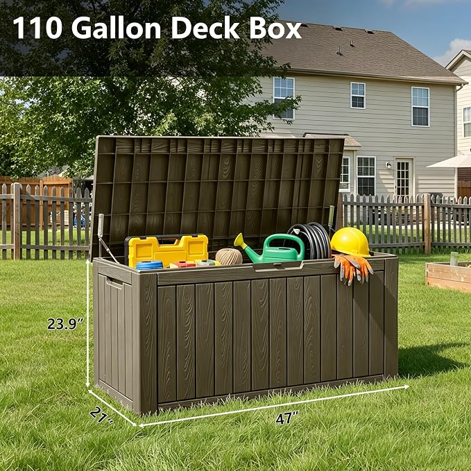KAMABOKO 110 Gallon Waterproof Large Resin Deck Box, Lockable Large Outdoor Storage Box Indoor Outdoor Storage Container for Patio Cushions, Gardening Tools, Pool Supplies, Grey