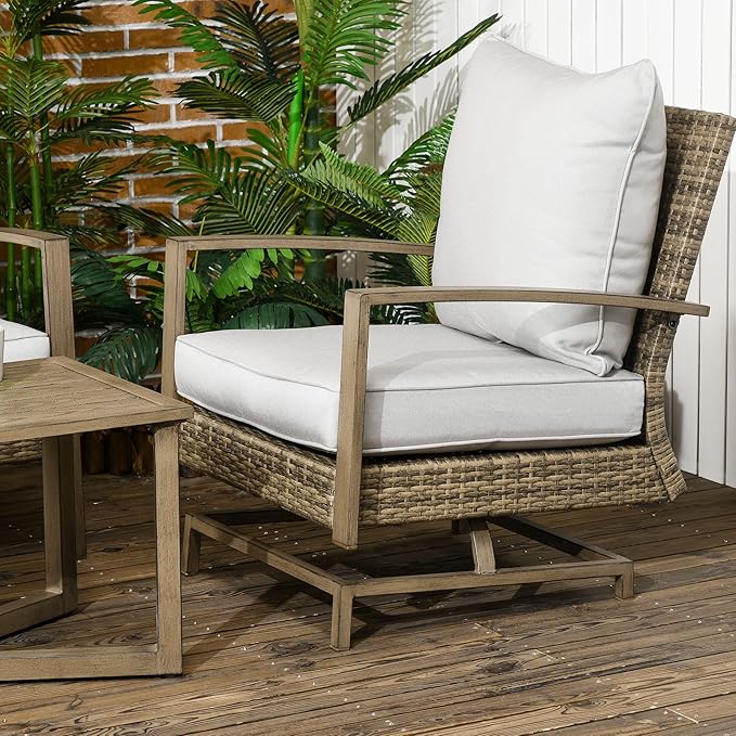 Outsunny 4 Piece Wicker Patio Furniture Set with 2 Rocking Chairs, Loveseat Sofa, Outdoor PE Rattan Conversation Set with Cushions, Aluminum Table for Porch, Poolside, Light Gray