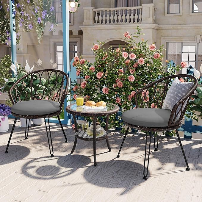 Montary 3 - Piece Outdoor Leisure Set,2 Stylish Hand - Woven Rattan Single Chairs & a Sturdy Tempered Glass Round Table - Ideal for Relaxing on Balconies and Courtyards,Brown & Gray