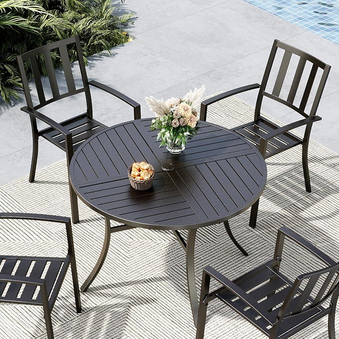 MFSTUDIO 42" Big Outdoor Dining Table with Adjustable mbrella Hole, Patio Metal All-Weather Round Table for Backyard Lawn Garden