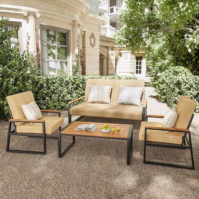 Gizoon 4-Piece Outdoor Patio Furniture Set with Coffee Table and Removable Cushions, Metal Patio Conversation Set for Family, Yard, Poolside (Gray)