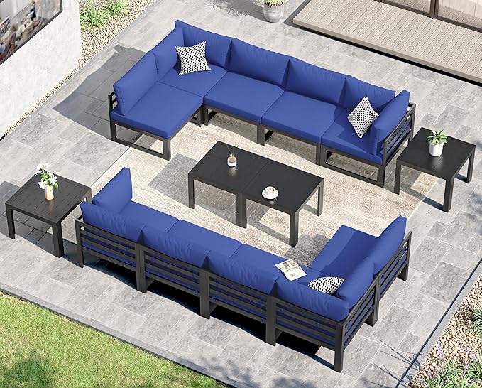 NICESOUL Extra Large Aluminum Patio Furniture Set with End Table, All-Weather 29" Wide Deep Seats Outdoor Sofa Conversation Set, Contemporary Sectional Couch for 10 Seats, for Garden, Navy Blue