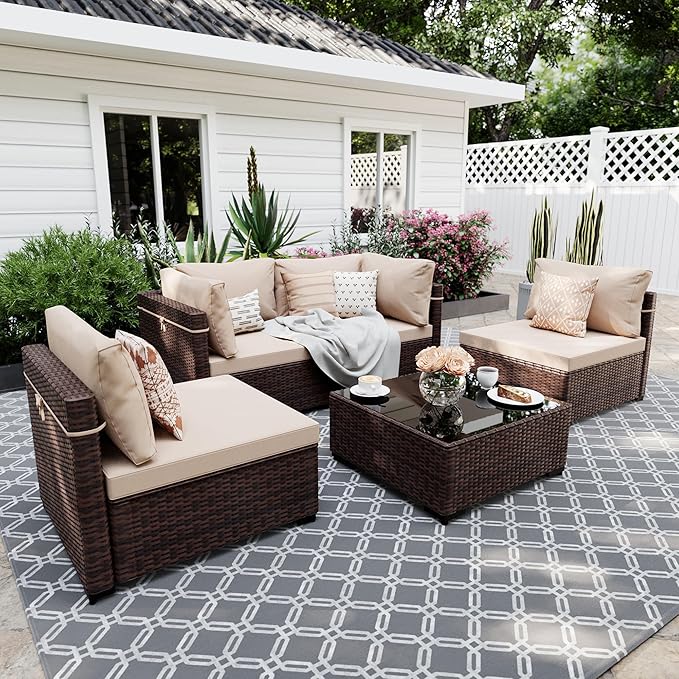 UPHA 5 Pieces Patio Furniture Sets, Wicker Outdoor Sectional Sofa Couch with Coffee Table, Patio Conversation Set for Deck Backyard Garden, Brown Rattan, Beige Cushion