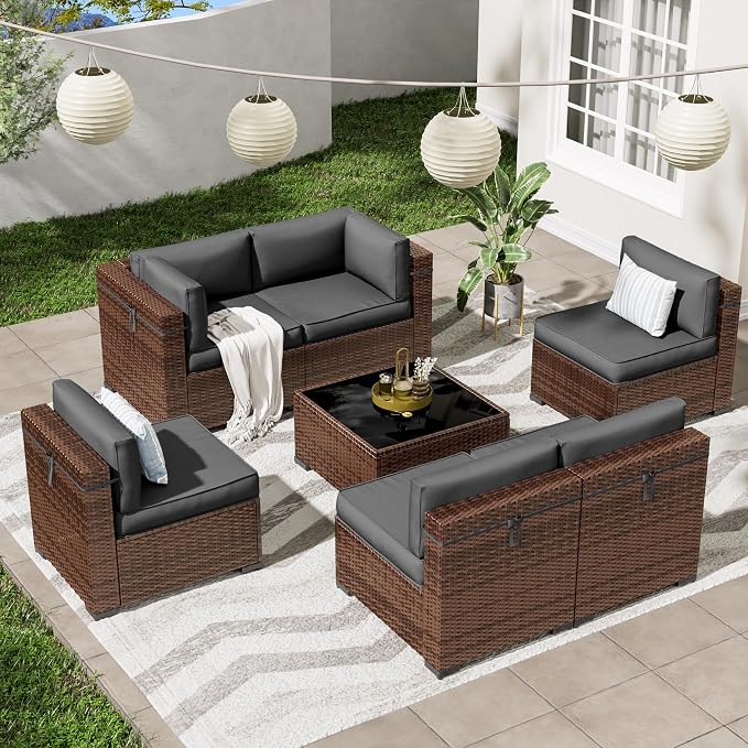 Patio Furniture Set, Modular 7-Piece Patio Conversation Sets with Coffee Table, All-Weather Wicker Outdoor Sectional for Backyard and Balcony, Grey (Waterproof Covers Included)
