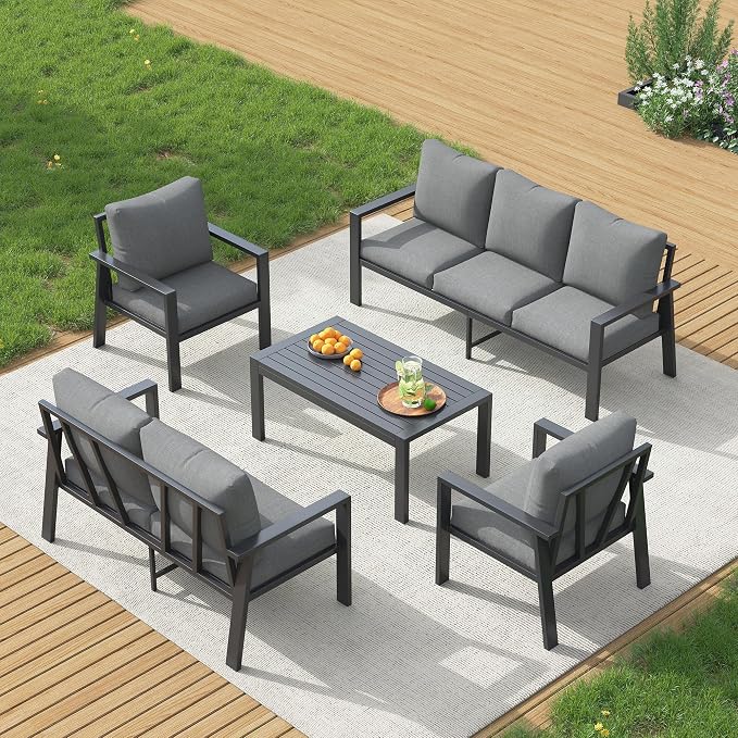 UDPATIO Aluminum Outdoor Patio Furniture Set 5 Pieces Metal Conversation Sets 7 Seat Sectional Sofa Modern Seating Set with Coffee Table for Outdoor Garden Backyard, Dark Grey