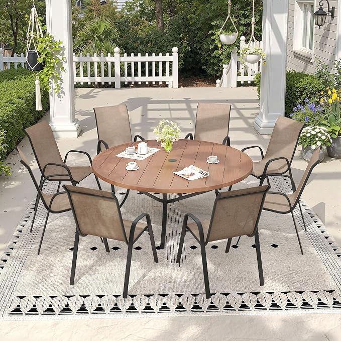 9 Pieces Outdoor Dining Set, 53" Round Table with Umbrella Hole & Stackable Patio Dining Chairs, Patio Table and Chairs Set for Deck Garden Porch, Brown Chairs & Walnut Table