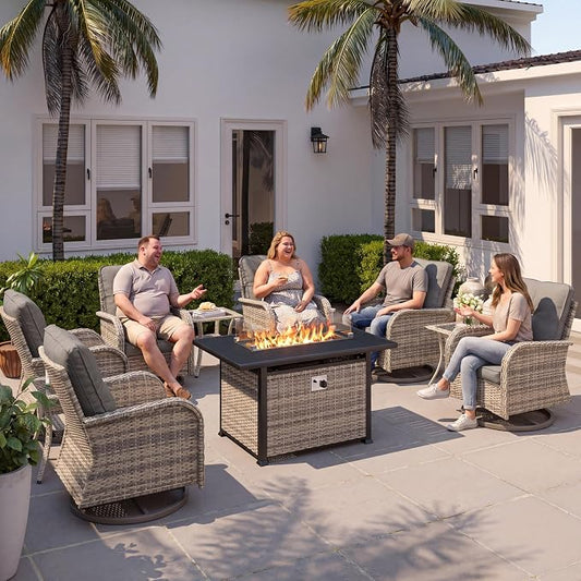 10Pcs Patio Rocking Swivel Chair with 55,000 BTU Fire Pit Table Outdoor Wicker Rattan Bistro Set with Tempered Glass Side Table, Outdoor Patio Furniture Set for Garden and Balcony, Grey