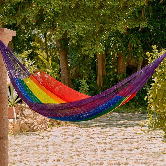 NOVICA Multicolor Rainbow Striped Hand Woven Nylon Mayan 1 Person Rope Hammock, 'Dreaming of Rainbows' (Single)