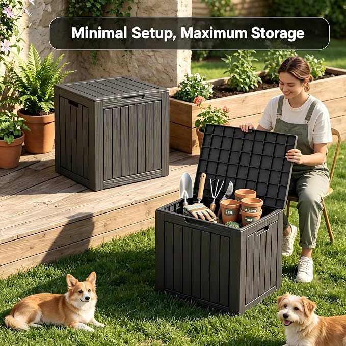 35 Gallon Deck Box Outdoor Waterproof, Resin Storage Box Outdoor Lockable, Multipurpose Outside Container for Patio Cushions, Garden Tools & Package Drop, UV & Fade Resistant, Black