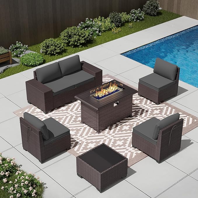 7 PCS Outdoor Patio Furniture Set,Outdoor Sectional Furniture with 43" 55000 BTU Gas Propane Fire Pit Table,All Weather PE Rattan Wicker Patio Conversation Set,Grey