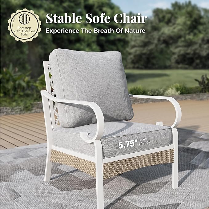 6 Piece Metal Patio Furniture Set, 7-Seat All Weather Outdoor Conversation Set with 3-Seat Sofa & 4 Fixed Chairs & Coffee Table, Outdoor Sofa Set for Backyard, Deck, Garden, White/Light Grey