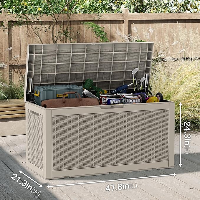 Mars Villa 100 Gallon Outdoor Storage Box, Resin Deck Box Waterproof for Patio Furniture Cushions, Pool Supplies, Gardening Tools, Weatherproof and UV Resistant, Grey
